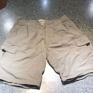 Army green Guide’s Choice XL shorts.  Many pockets.  Nylon and elastic